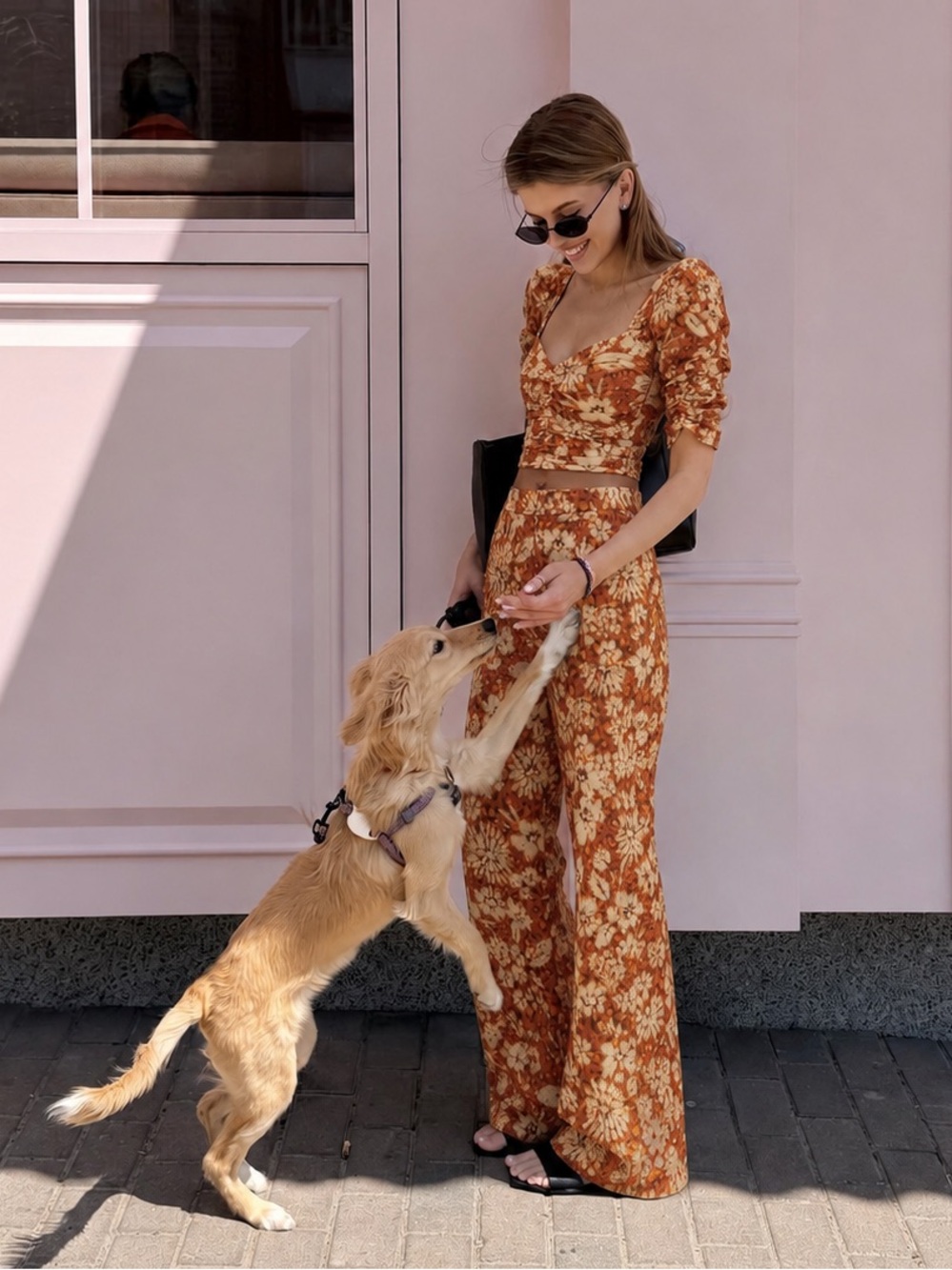 Zara Floral Ruched Crop Top & Wide Leg Pants Co-Ord Set XS/S Orange Boho Y2K - Picture 1 of 16